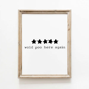 Plakat med fem sorte stjerner og teksten "Would poo here again" – sjov og minimalistisk badeværelsesplakat.