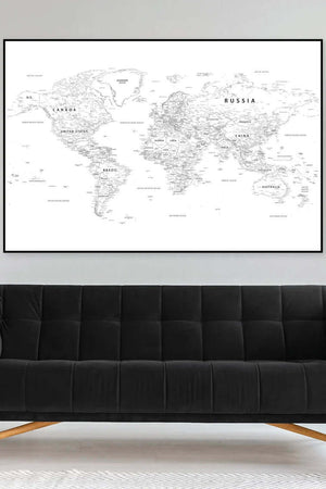 Minimalistisk verdenskort plakat. Et stilrent verdenskort i enkle linjer – perfekt til moderne, skandinavisk og stilfuld boligindretning.

