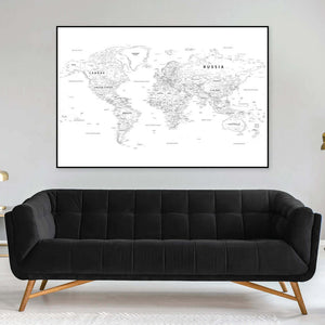 Minimalistisk verdenskort plakat. Et stilrent verdenskort i enkle linjer – perfekt til moderne, skandinavisk og stilfuld boligindretning.

