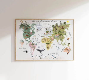 Realistisk verdenskort plakat til børn. Lærerig og detaljeret plakat med kontinenter og lande – perfekt til børneværelse eller skoler.

