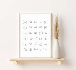 Minimalistisk plakat med håndtegnede line-art illustrationer af forskellige numseformer på hvid baggrund.