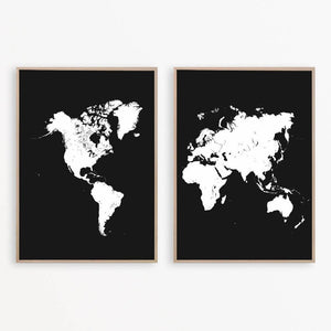 Sort 2 delt Verdenskort Plakat