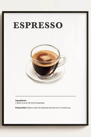 Espresso plakat med klar kop kaffe samt ingrediens- og opskriftstekst i minimalistisk design.