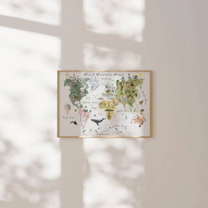 Realistisk verdenskort plakat til børn. Lærerig og detaljeret plakat med kontinenter og lande – perfekt til børneværelse eller skoler.