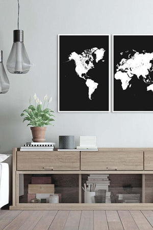 Sort 2 delt Verdenskort Plakat