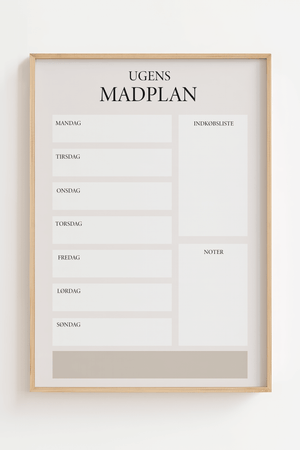 Ugens madplan plakat i beige design med indkøbsliste og noter til køkkenet
