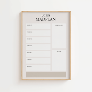 Ugens madplan plakat i beige design med indkøbsliste og noter til køkkenet