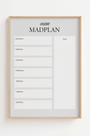 Ugens madplan plakat med indkøbsliste og noter i minimalistisk design