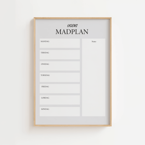 Ugens madplan plakat med indkøbsliste og noter i minimalistisk design
