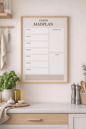 Ugens madplan plakat i beige design med indkøbsliste og noter til køkkenet