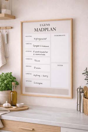 Ugens madplan plakat i beige design med indkøbsliste og noter til køkkenet