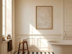 Moderne boho plakat med abstrakte blade i beige og neutrale toner