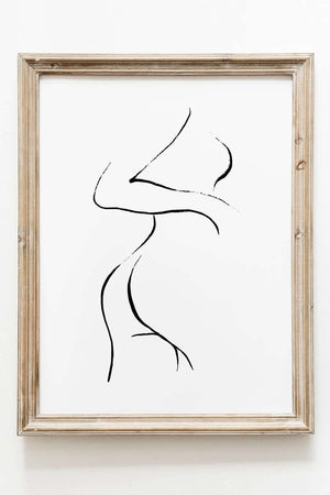 Minimalistisk plakat med sensuel kvindekrop i sort-hvid line art. Skab spa-stemning på badeværelset. Fås fra 99 kr.