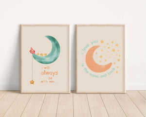 I love you to the moon and back Ellens ShopI love you to the moon and back  Vores børneplakat med citatet 'I love you to the moon and back' er den perfekte måde at udtrykke din kærlighed til dit barn. Skab en hjertevarm atmosfære i børneværelset med dette smukke citat. En ideel gave til små elskede. 50x70 cm størrelse.