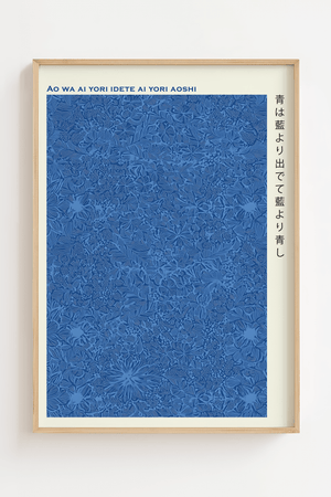 Japansk blå mønster plakat inspireret af Aizome indigo kunst.