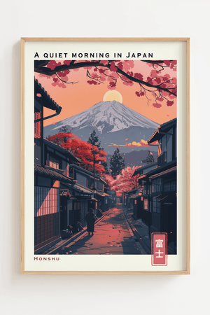 Japansk landskab plakat med Mount Fuji, kirsebærtræer og traditionel japansk gade ved solopgang.