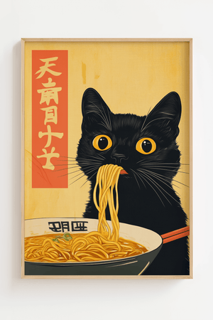 Japansk plakat med sort kat der spiser ramen nudler i japansk inspireret illustration.