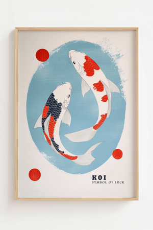 Japansk plakat med to koi fisk i minimalistisk japansk kunststil symbol på held og balance.