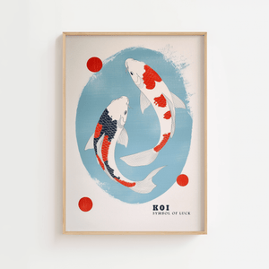Japansk plakat med to koi fisk i minimalistisk japansk kunststil symbol på held og balance.