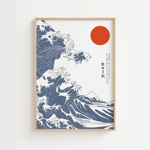 Japansk bølge plakat med blå bølger og rød sol inspireret af klassisk japansk kunst.