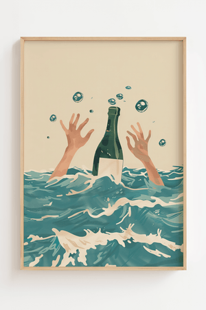 Champagne plakat med champagneflaske i bølger og grafisk illustration