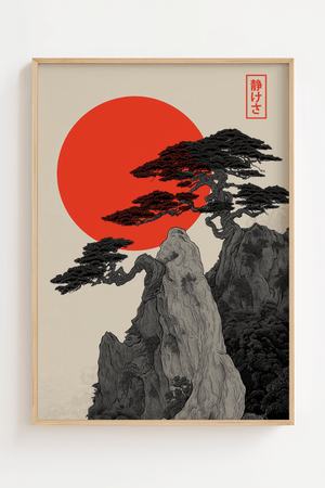 Japansk plakat med bjerglandskab, bonsai træ og rød sol i klassisk japansk kunststil.