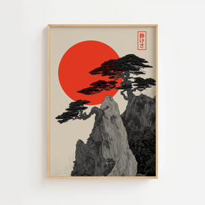 Japansk plakat med bjerglandskab, bonsai træ og rød sol i klassisk japansk kunststil.
