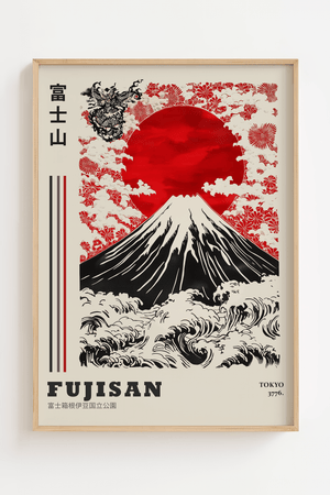 Japansk plakat med Mount Fuji, bølger og rød sol i klassisk japansk kunststil.