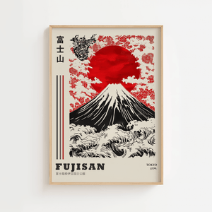 Japansk plakat med Mount Fuji, bølger og rød sol i klassisk japansk kunststil.