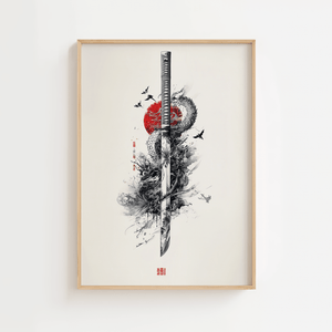 Japansk samurai plakat med katana sværd og rød sol i asiatisk kunststil.