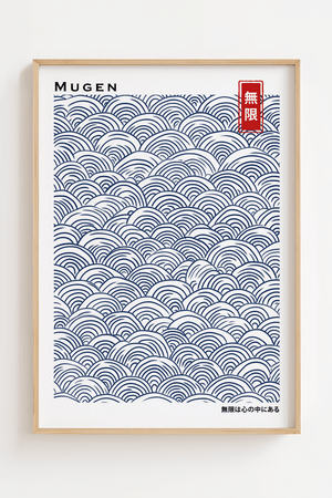 Japansk bølgemønster plakat med blå Seigaiha inspirerede bølger i minimalistisk stil.