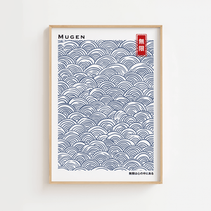 Japansk bølgemønster plakat med blå Seigaiha inspirerede bølger i minimalistisk stil.