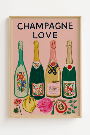 Champagne love plakat med illustration af farverige champagneflasker