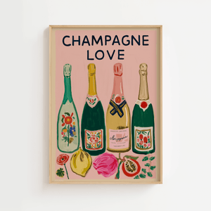 Champagne love plakat med illustration af farverige champagneflasker