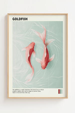 Japansk plakat med to goldfish der svømmer i roligt vand i minimalistisk asiatisk kunststil.
