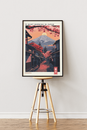 Japansk landskab plakat med Mount Fuji, kirsebærtræer og traditionel japansk gade ved solopgang.