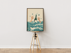 Champagne plakat med champagneflaske i bølger og grafisk illustration