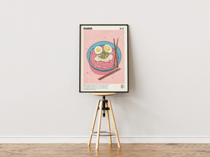 Japansk ramen plakat med ramen nudler, æg og spisepinde i farverig japansk madillustration.