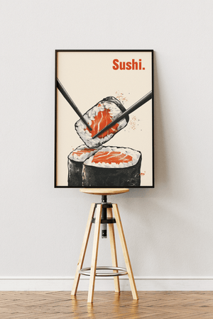 Sushi plakat med spisepinde og minimalistisk sushi illustration