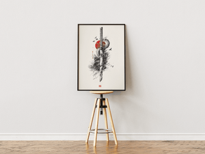 Japansk samurai plakat med katana sværd og rød sol i asiatisk kunststil.
