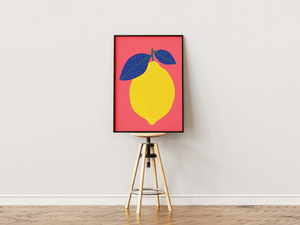 Farverig citron plakat i pop art stil med grafisk frugt illustration