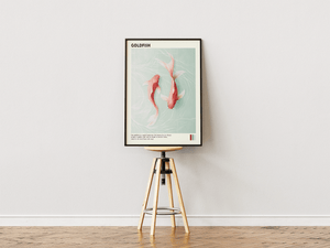 Japansk plakat med to goldfish der svømmer i roligt vand i minimalistisk asiatisk kunststil.