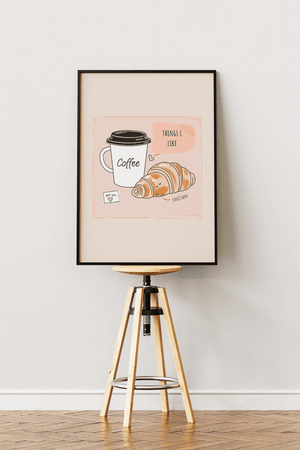 Coffee og croissant plakat med hyggelig café illustration