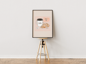 Coffee og croissant plakat med hyggelig café illustration