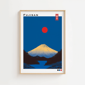 Japansk plakat med Mount Fuji og rød sol i minimalistisk japansk landskabsstil.