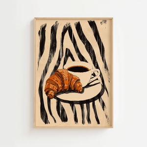 Zebra breakfast plakat med croissant og kaffe illustration