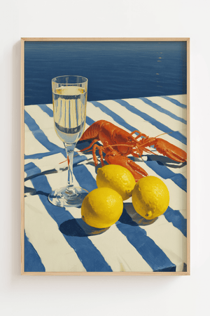 Mediterranean lunch plakat med hummer, citroner og champagne ved havet