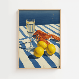 Mediterranean lunch plakat med hummer, citroner og champagne ved havet