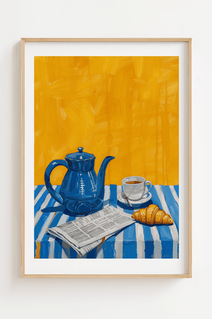 Morning table plakat med kaffekande, croissant og avis illustration