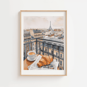 Paris breakfast plakat med croissant, kaffe og udsigt til Eiffeltårnet